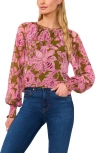Cece Print Smocked Cuff Top In Antique Olive