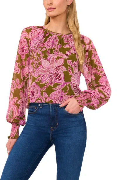 Cece Print Smocked Cuff Top In Antique Olive
