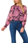 Cece Print Smocked Cuff Top In Rich Black