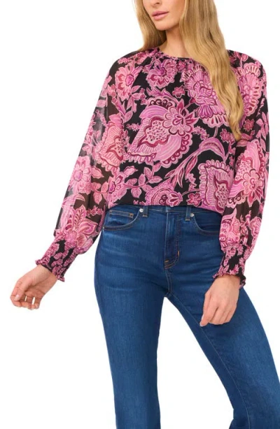Cece Print Smocked Cuff Top In Rich Black