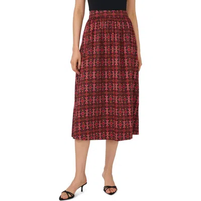 Cece Print Stretch Cotton Midi Skirt In Burgundy