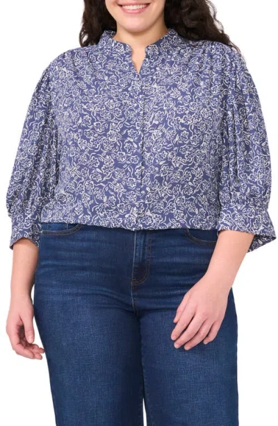 Cece Print Three Button-up Shirt In Ocean Blue