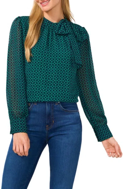 Cece Print Tie Neck Shirt In Lush Meadow