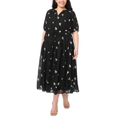 Cece Print Tie Waist Midi Dress In Black