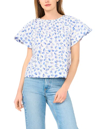 Cece Printed Eyelet Short Sleeve Top In Blue