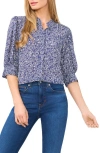 Cece Printed Puff Sleeve Button-up Shirt In Blue