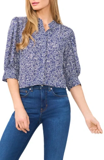 Cece Printed Puff Sleeve Button-up Shirt In Blue
