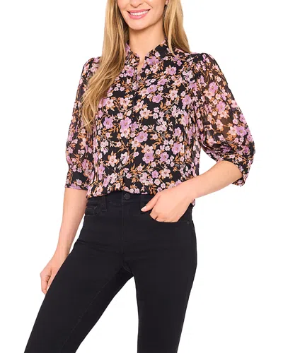 Cece Printed Ruched Sleeve Top In Black