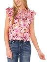 CECE CECE PRINTED RUFFLED SMOCKED TOP