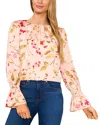 Cece Printed Smocked Cuff Crewneck Blouse In Sugar Peach