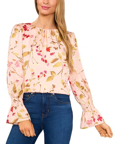 CECE CECE PRINTED SMOCKED CUFF CREWNECK BLOUSE