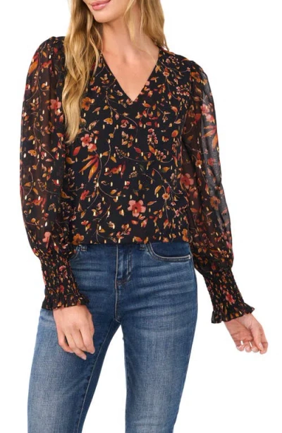 Cece Printed Smocked Cuff V-neck Top In Rich Black