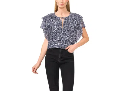 Cece Printed Tie Neck Double Ruffled Sleeve Top In Blue