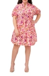 Cece Women's Printed Puff Sleeve Ruffled Neck V-neck Tiered Baby Doll Dress In New Ivory Floral