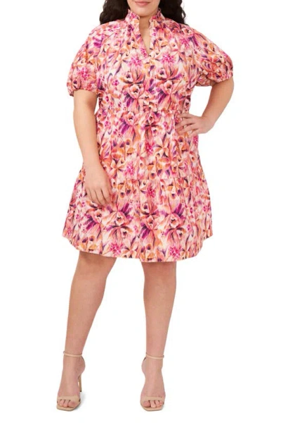Cece Women's Printed Puff Sleeve Ruffled Neck V-neck Tiered Baby Doll Dress In New Ivory