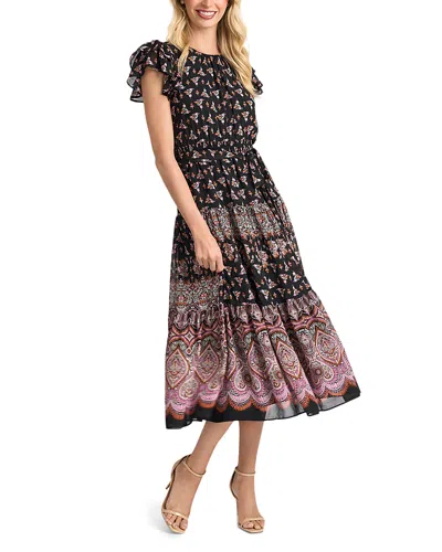 Cece Printed Tiered Flutter Sleeve Tie Waist Dress In Black