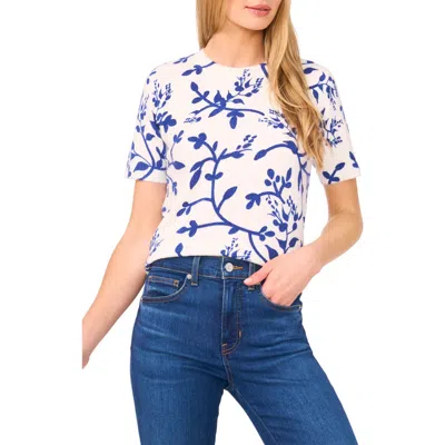 Cece Printed Vines Short Sleeve Sweater In White