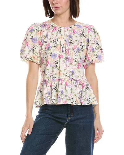 Cece Puff Shirred Sleeve Crewneck Linen-blend Peplum Blouse In Neutral
