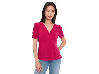 Cece Puff Short Sleeve V-neck Knit Top In Red