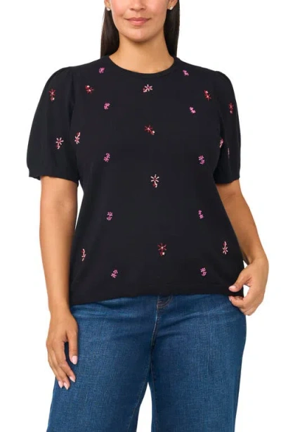 Cece Puff Sleeve Beaded Cotton Sweater In Black