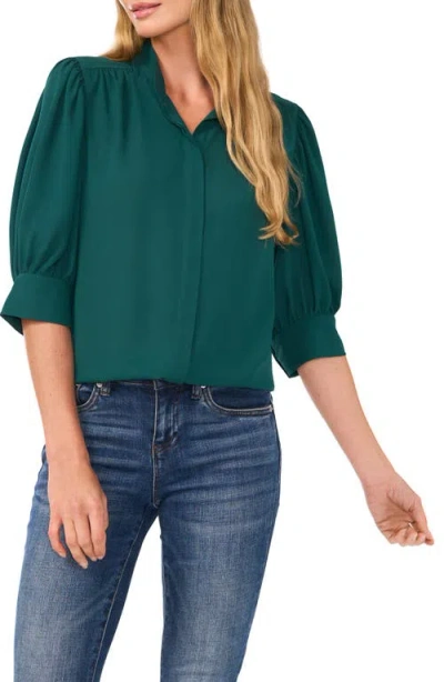 Cece Puff Sleeve Button-up Shirt In Dark Forest Green
