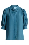 Cece Puff Sleeve Button-up Shirt In Mallard Blue
