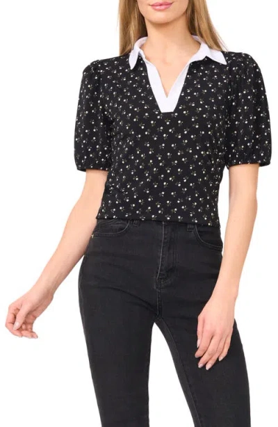 Cece Puff Sleeve Collar Top In Rich Black