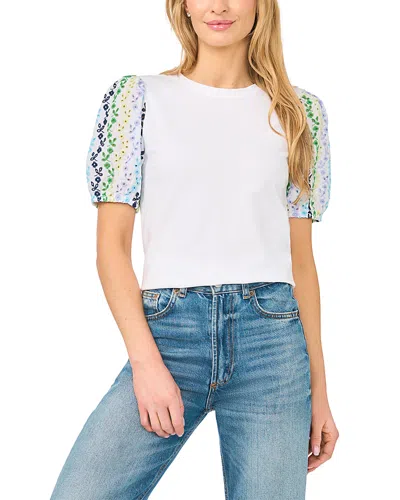 Cece Puff Sleeve Eyelet Stripe Top In White