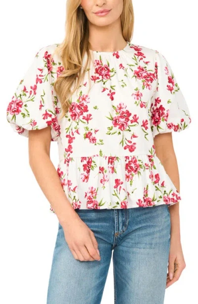 Cece Puff Sleeve Floral Print Shirt In White