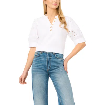 Cece Puff Sleeve Mixed Media Cotton Top In White