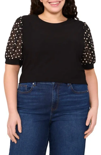 Cece Puff Sleeve Mixed Media Top In Black