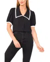Cece Puff Sleeve Point Collar Top In Black