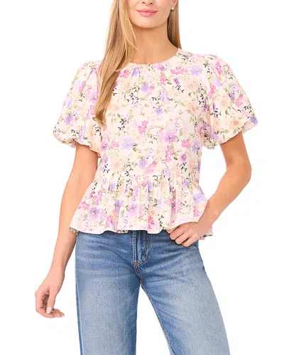 Cece Puff Sleeve Shirred Crewneck Top In Multi