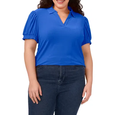 Cece Puff Sleeve Spread Collar Crepe Knit Top In Dp Royal Blue