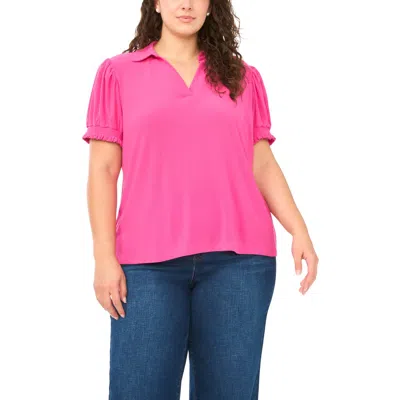 Cece Puff Sleeve Spread Collar Crepe Knit Top In Pink