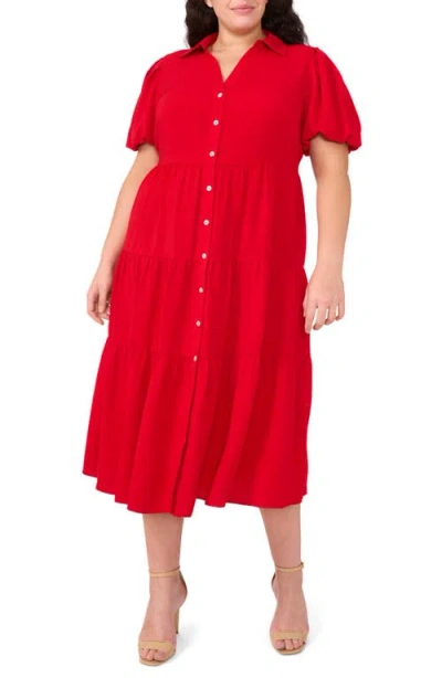 Cece Puff Sleeve Tiered Maxi Shirtdress In Red