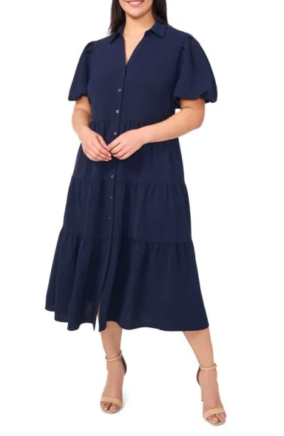 Cece Puff Sleeve Tiered Maxi Shirtdress In Blue