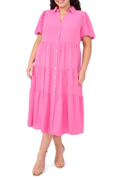 Cece Puff Sleeve Tiered Maxi Shirtdress In Freeisa Pink