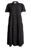 Cece Puff Sleeve Tiered Maxi Shirtdress In Rich Black
