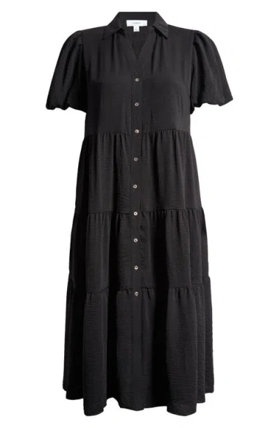 Cece Puff Sleeve Tiered Maxi Shirtdress In Rich Black