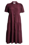 Cece Puff Sleeve Tiered Maxi Shirtdress In Rich Cabernet