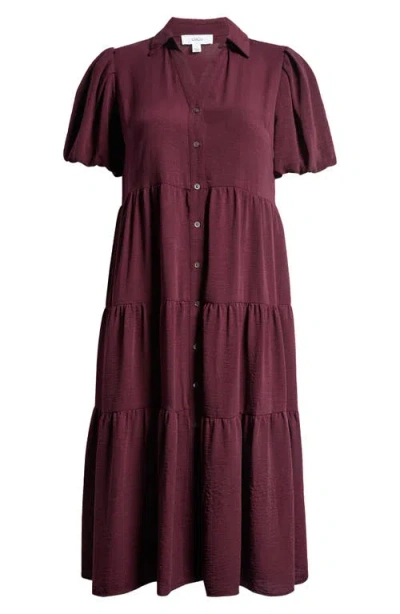 Cece Puff Sleeve Tiered Maxi Shirtdress In Rich Cabernet