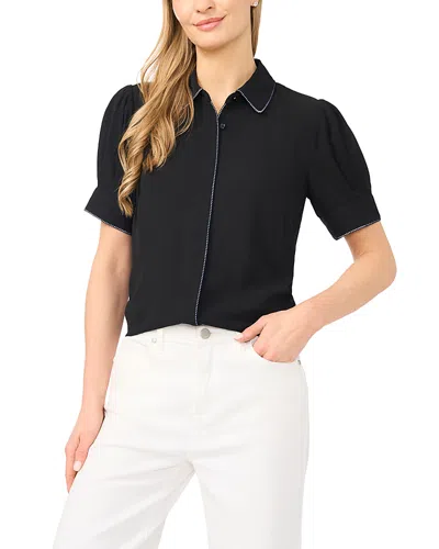 Cece Puffed Sleeve Picot Trim Blouse In Black