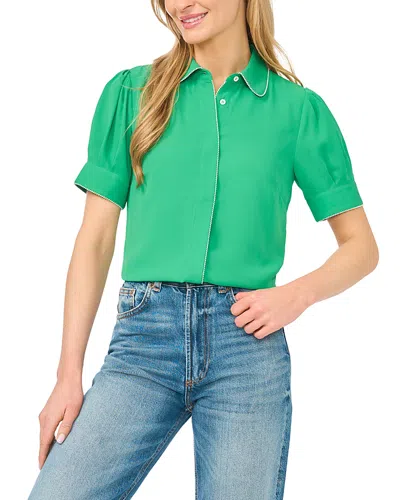 Cece Puffed Sleeve Picot Trim Blouse In Green