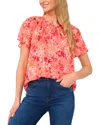 Cece Women's Printed Flutter-sleeve Pleated Bow Blouse In Deep Sea Coral