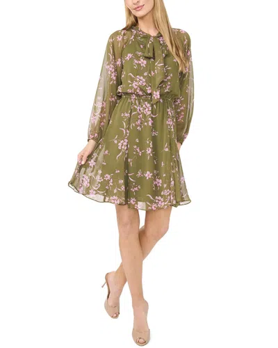 Cece Long Sleeve Tie Neck Printed Dress In Green