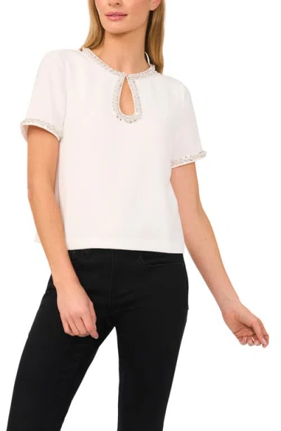 Cece Rhinestone & Faux Pearl Keyhole Neck Short Sleeve Crepe Top In New Ivory