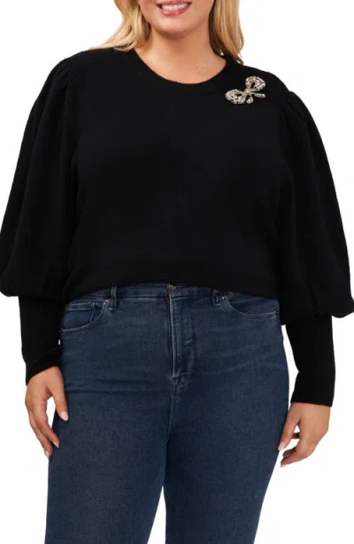 Cece Rhinestone Bow Appliqué Sweater In Rich Black