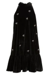 Cece Rhinestone Bow Sleeveless Velvet Dress In Black