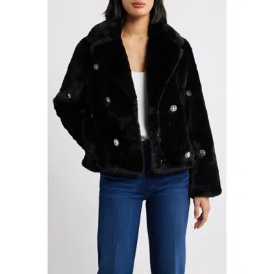 Cece Rhinestone Button Faux Fur Jacket In Black